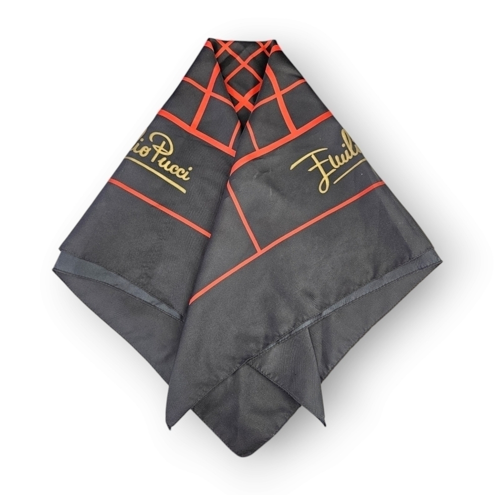 Emilio Pucci Neck Scarf Rotta Loria Geometric Black Red Gold Vintage 26" Square